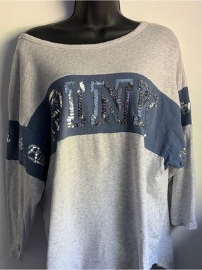VS PINK  Grey & Steel Blue Colorblock Sequin Bling Logo Boyfriend  Jersey Tee